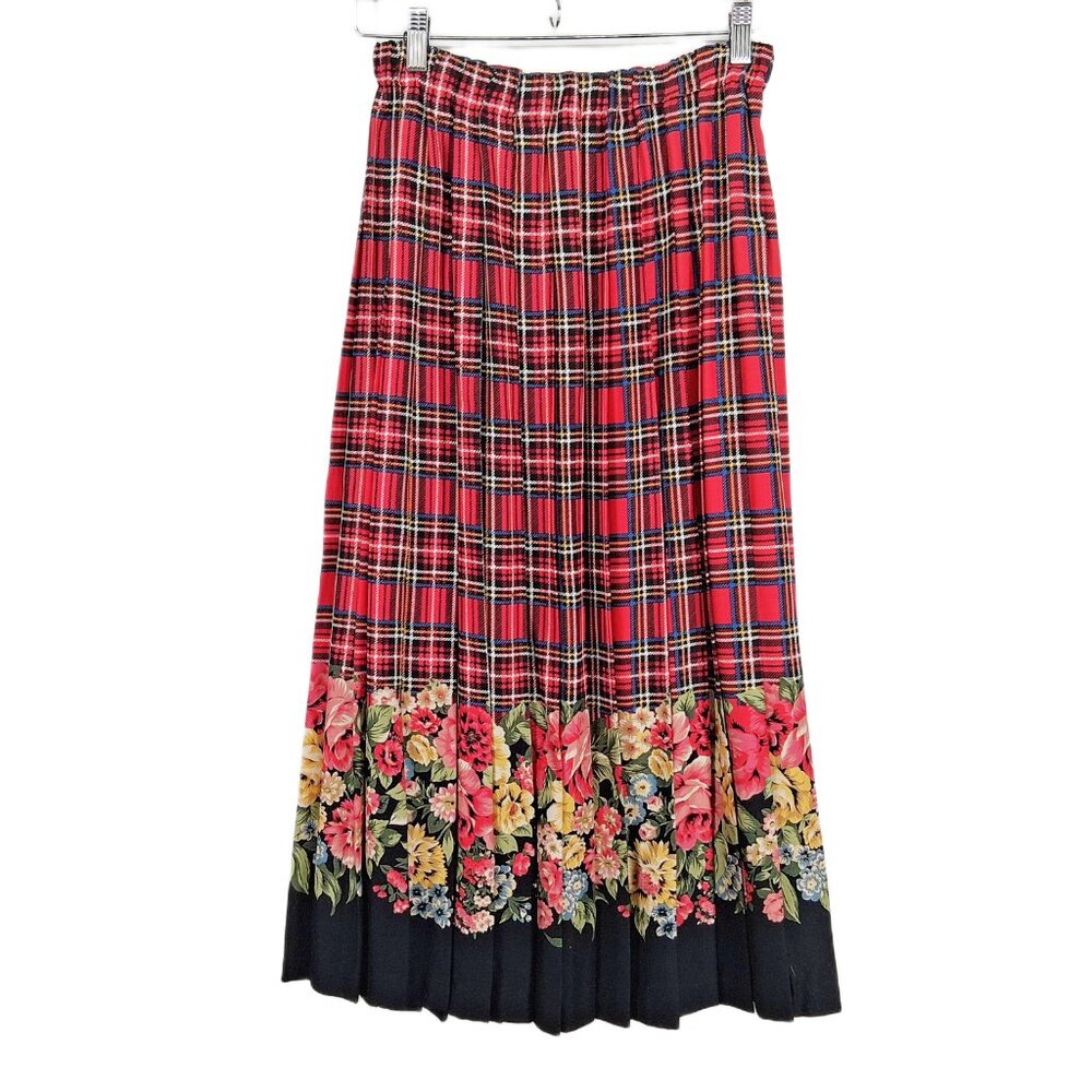 Marisa Christina Classics Vintage Rayon Plaid Floral Border Pleated Midi Skirt S - Picture 2 of 9